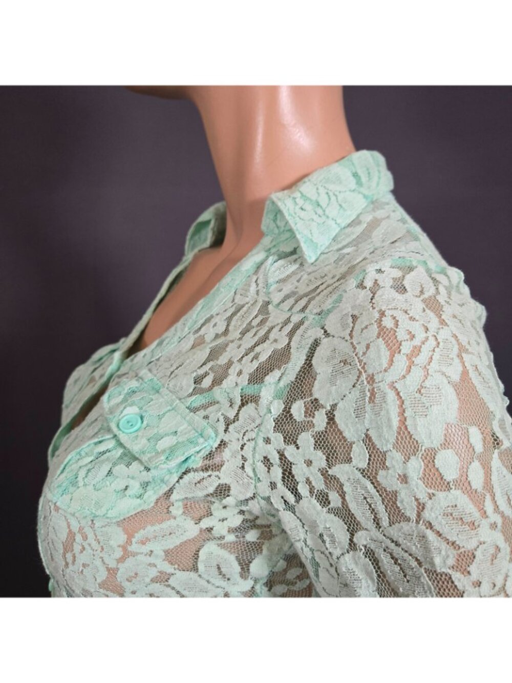 Y2K Aqua Mint Green Lace Button Up Blouse Size XS Office Siren Fairy Coquette - Picture 9 of 11